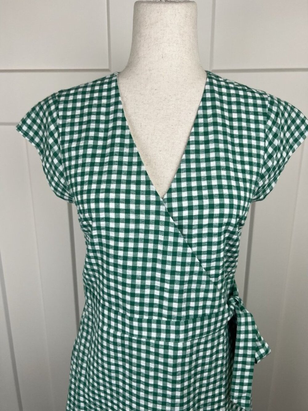 Banana Republic Gingham Wrap Dress Size 4 Green White Cotton Linen Fit Flare - Picture 2 of 11